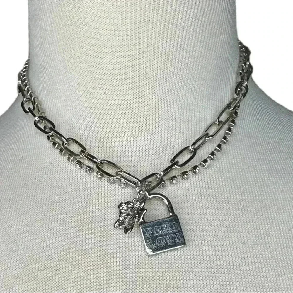 silver layered choker women's chain necklace pink fake love rose pendent lock - Picture 5 of 8
